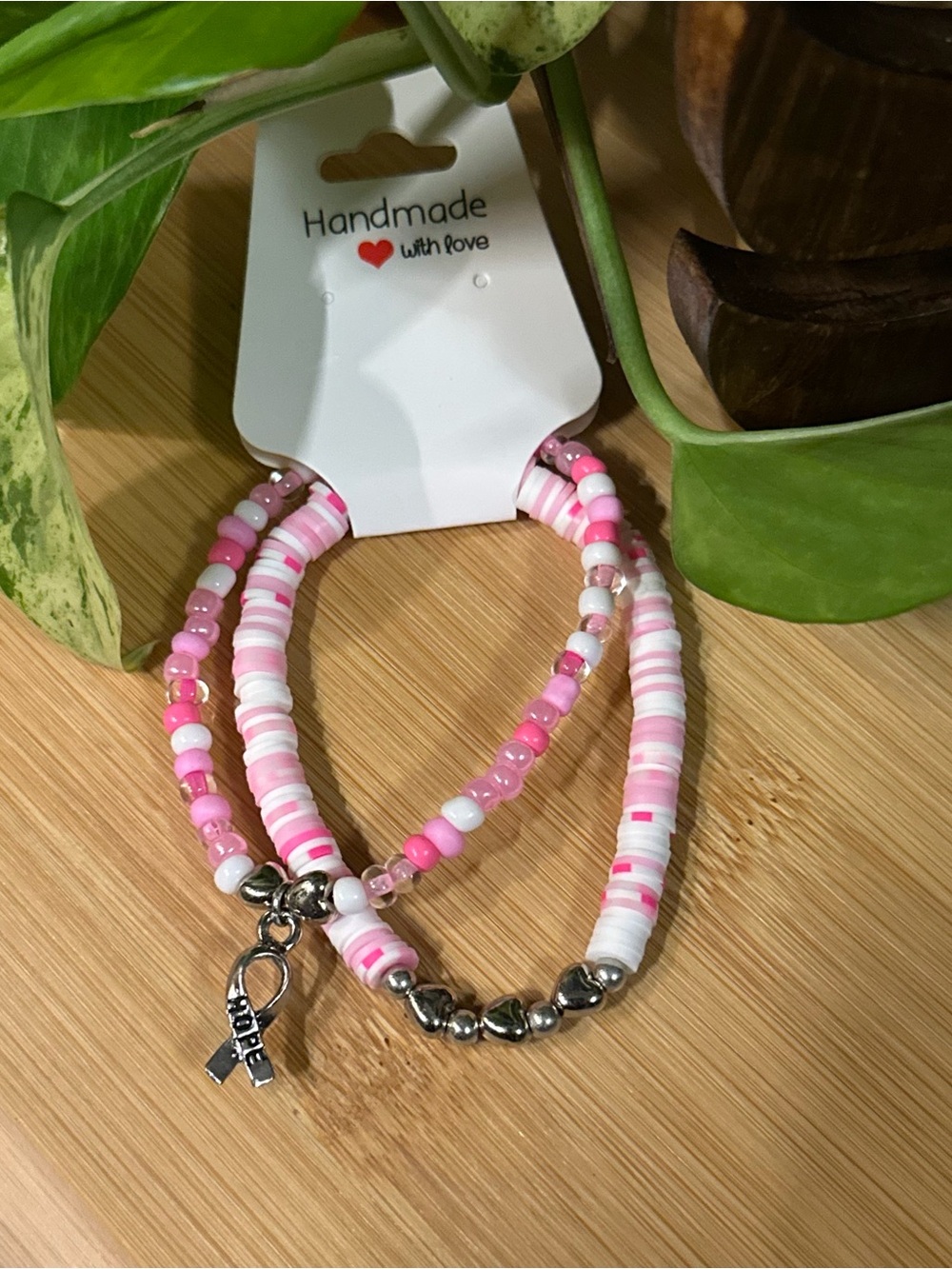 🎀Breast Cancer Awareness 2-PC‎ Stretchy Bracelet Set | Handmade |Dangle Charm🎀